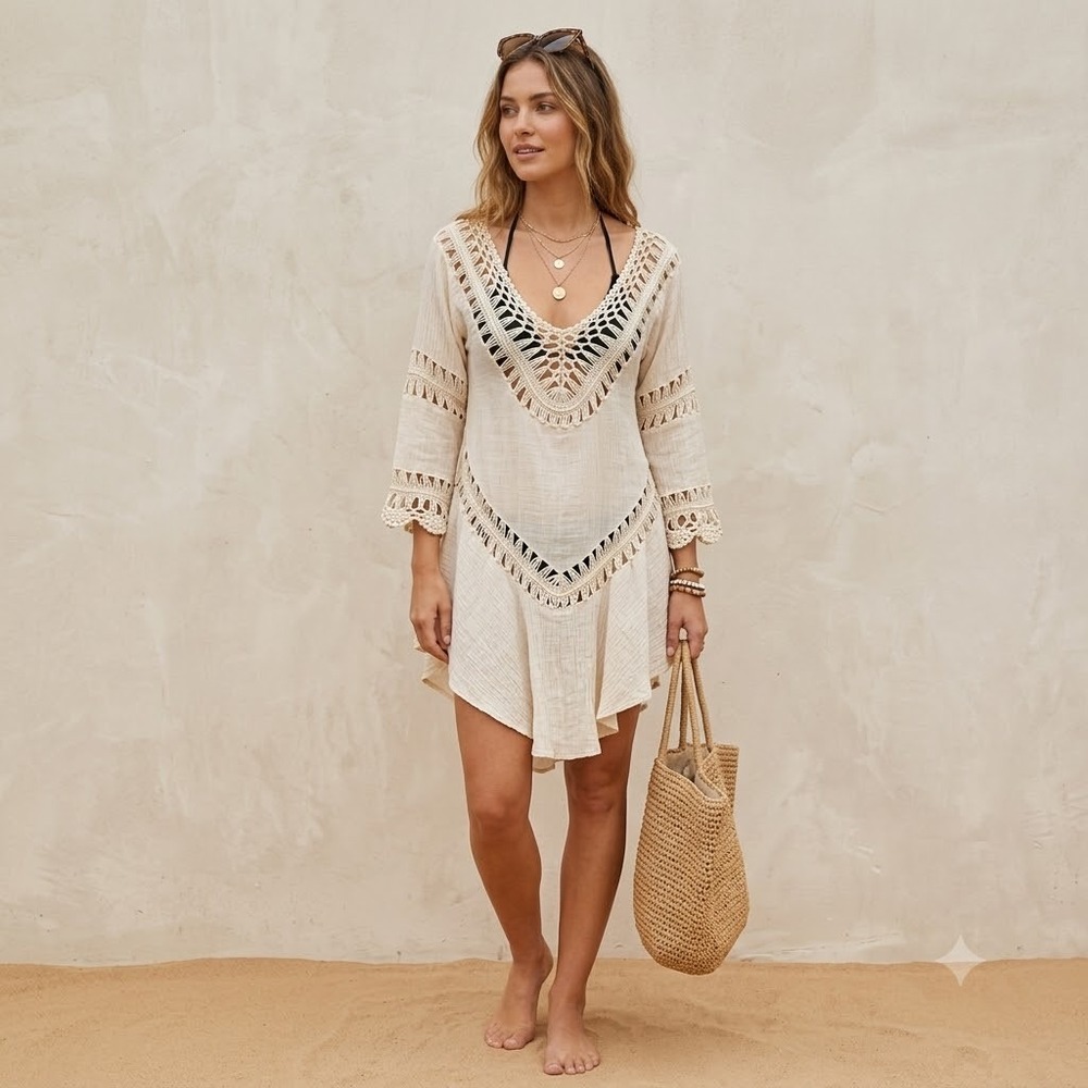 LA Class Crochet Top Women Cream Small Boho Gauze Bathing Suit Cover Up